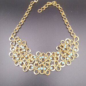 Gold Tone Choker Collar Necklace with Blue rhinestones